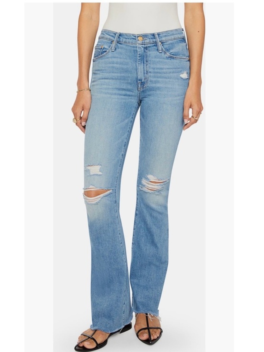 Mother Weekender Fray Ripped Flare Jeans in Chaos Is Calling Size 27